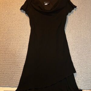 Vintage 90s S.L. Fashions Black Chiffon Cowl Neck Dress Asymmetrical Ruffle Hem